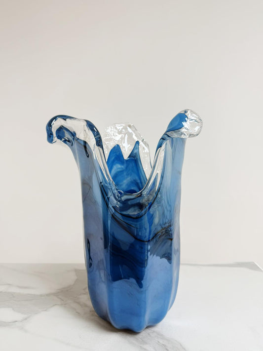 Stor tulipanvase i Murano-glas, avio/sort