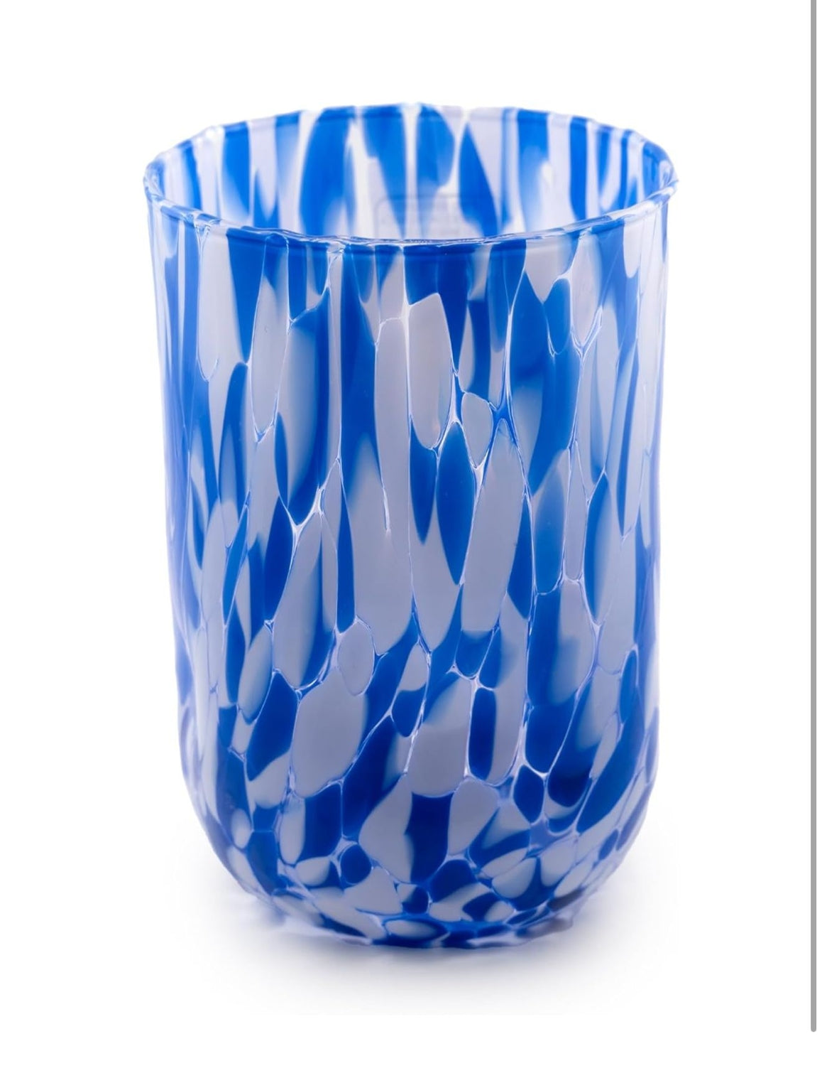 Højt tønde glas i blå-hvid Murano-glas