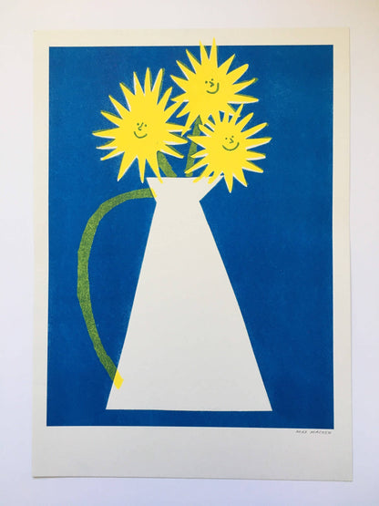 Max Machen, Glade solsikker, riso-print (A3)