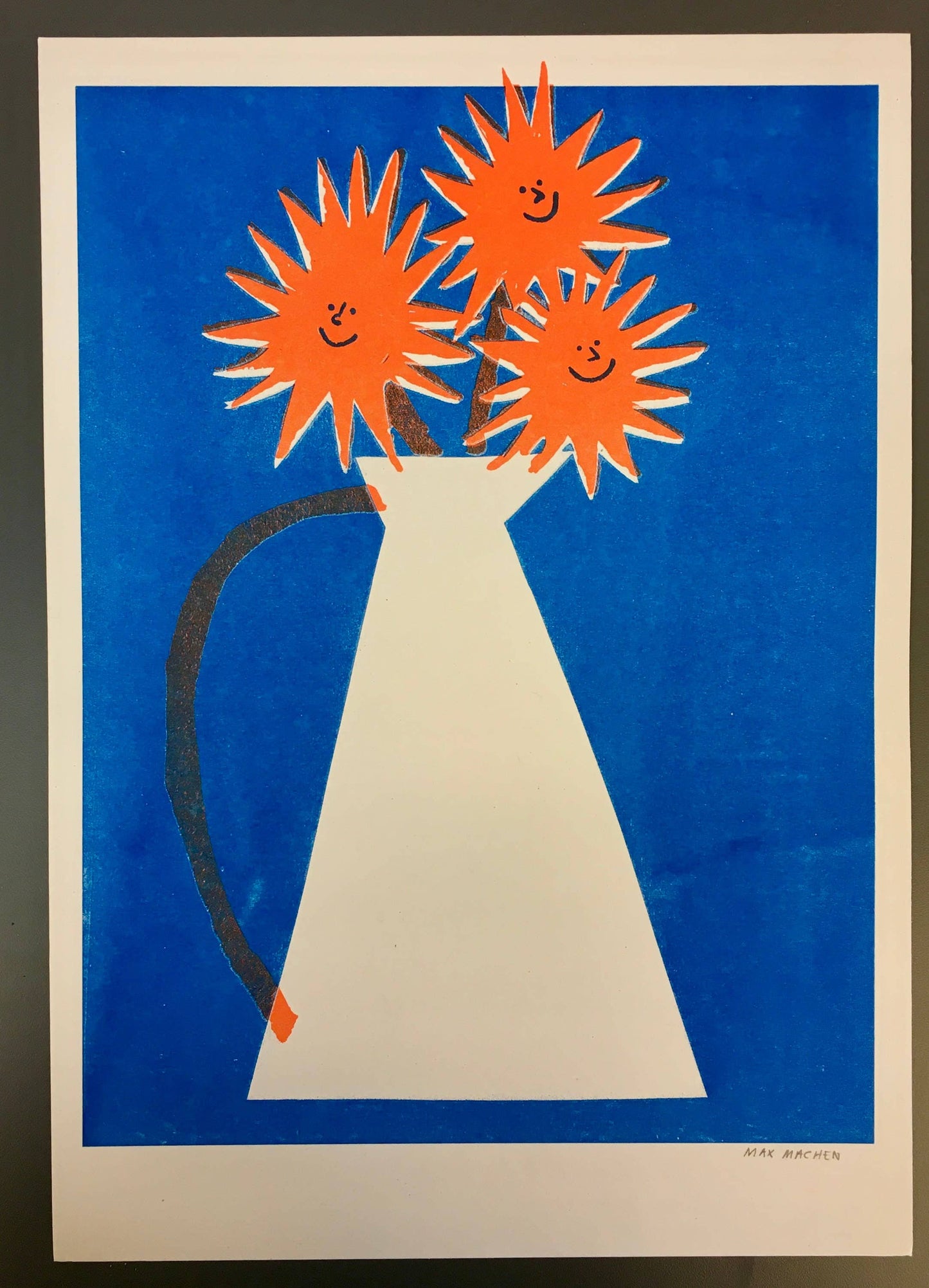 MAX MACHEN, Glade solsikker, riso-print (A4), indrammet