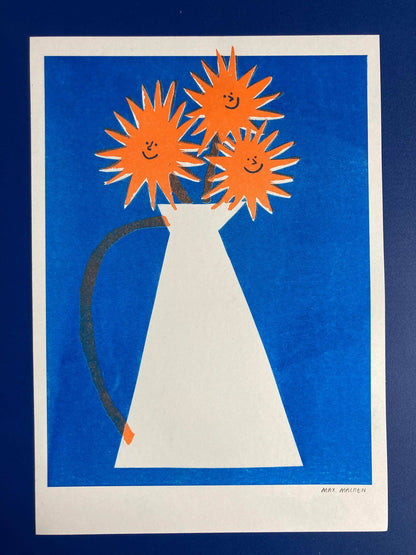 MAX MACHEN, Glade solsikker, riso-print (A4), indrammet