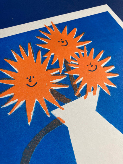 MAX MACHEN, Glade solsikker, riso-print (A4), indrammet